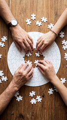 Top view of hands connecting pieces of a white jigsaw puzzle on a wooden table. Teamwork and collaboration concept to find a solution