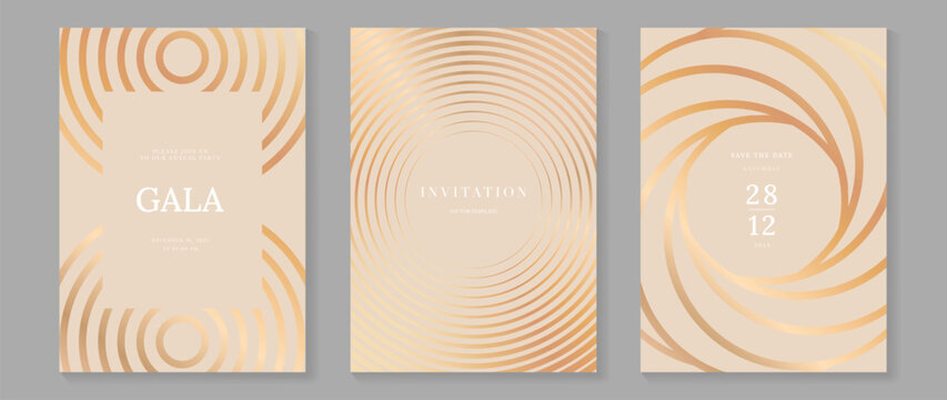 Naklejki Luxury art deco vector invitation card set with gold line geometric patterns on cream background. Elegant premium design for gala event wedding celebration poster and branding.