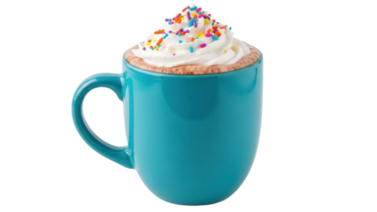 Isolated blue mug with hot chocolate topped with whipped cream and colorful sprinkles