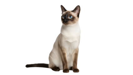 Isolated seal point Siamese cat sitting upright with a curious, friendly expression on its face