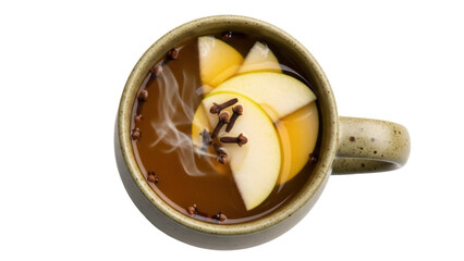 Isolated cup of hot cider with apple slices and cloves, a warm winter beverage for cold weather