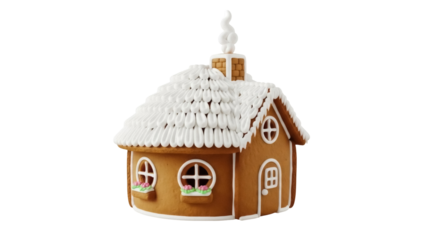Isolated Festive gingerbread house with icing trim and a chimney with smoke on top