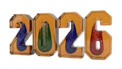 Isolated graphic 2026 digits display, year number glass text with colorful patterns inside
