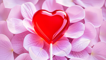 Bright romantic concept featuring glossy red heart-shaped lollipop placed on soft background of pink flower petals. Ideal for Valentine Day, romance, celebration, and sweet emotions.