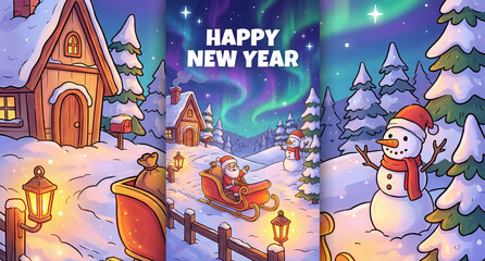 Christmas Illustration: Santa Claus in a Sleigh, Snowman, and Northern Lights (Cartoon Christmas)