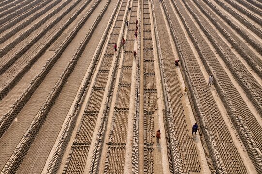 Aerial view of workers carefully arranging bricks in long, parallel rows, creating a rhythmic pattern of earthy tones and textures, Dhaka, Dhaka Division, Bangladesh.