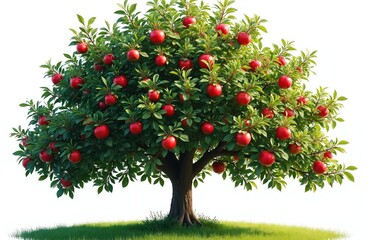 Fototapeta premium Apple tree with red ripe fruits, green leaves standing on grassy ground against white background. Tree with many branches, apples. Branches full of foliage. Tree trunk sturdy brown. Green grass