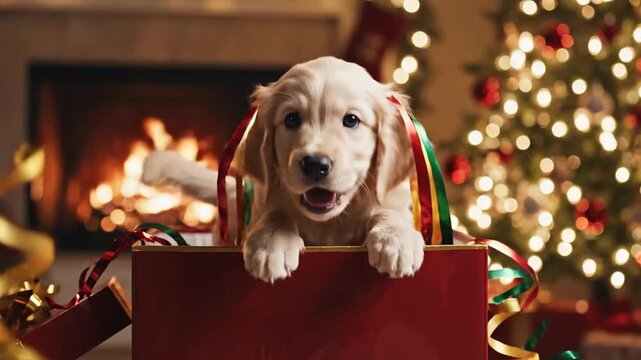 A playful puppy peeks out of a red Christmas gift box with colorful ribbons, sitting in front of a cozy fireplace and decorated tree with warm, festive lights, conveying a joyful holiday