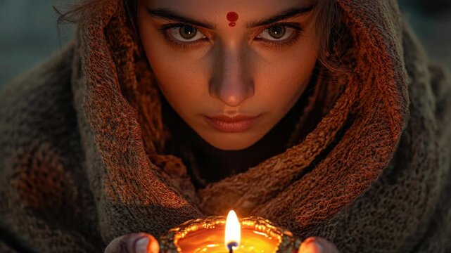 A woman engaging in a mystical ritual, lit by candles, embodied with faith and reverence. She is deep in thought or perhaps invoking ancient traditions.