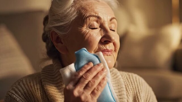 Elderly woman applying a compress to her face for pain relief. Senior person soothing a toothache with a hot or cold pack at home. Healthcare and aging concept