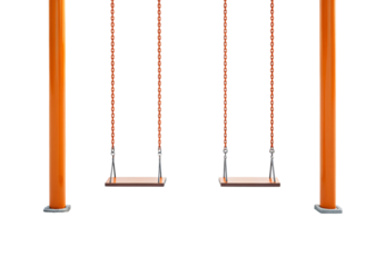 Two orange swing seats hanging from orange metal frame with red and silver chain links, isolated on a transparent background