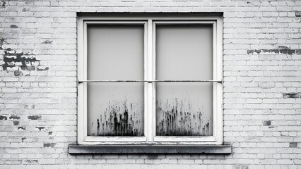 White brick wall with four pane window and black streaks on lower glass