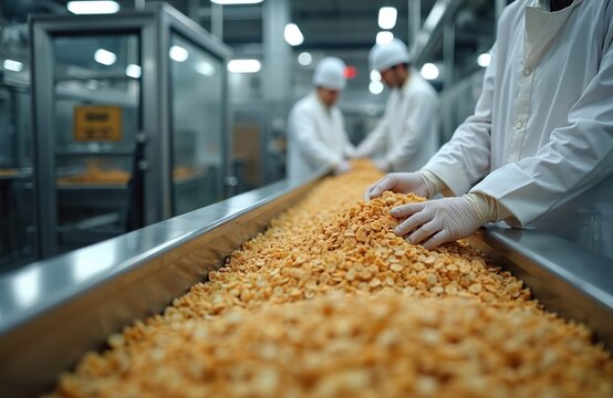 Workers in sterile coats and caps check corn flake cereal on a conveyor belt in a food production facility. Automated machinery moves cereal along metal chutes and into packaging.