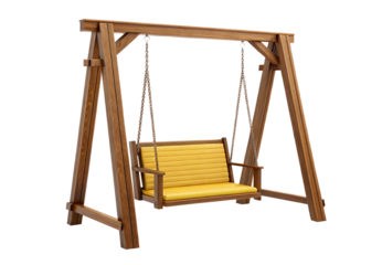 Wooden porch swing with yellow cushions hanging from chains on A-frame stand structure, isolated on a transparent background