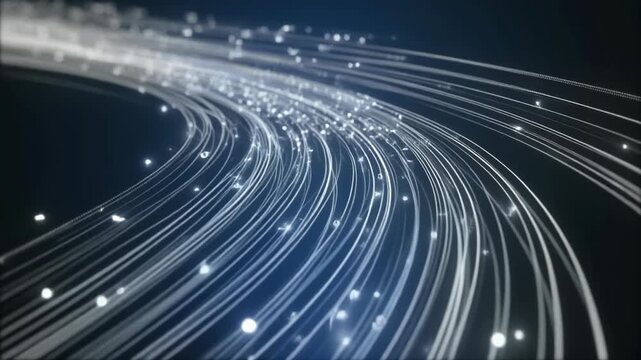 Glowing data nodes travel along curved lines, forming sorted clusters and patterns.
