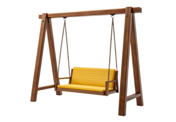 Yellow cushioned wooden bench swing suspended by metal chains from natural wood A-frame structure, isolated on a transparent background