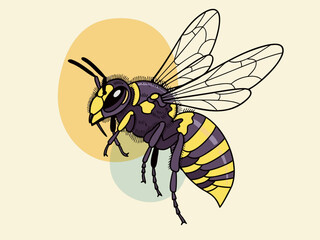 A detailed illustration of a yellow and black striped wasp in flight against a soft, abstract background.
