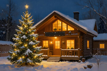 Cozy Christmas Cabin in Snowy Forest at Night with Illuminated Tree