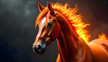 Painting of a horse with fire emerging from its head, presenting a mythical artistic concept that symbolizes power, transformation, and the New Year 2026
