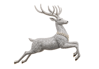 Silver glitter reindeer figurine with pearl collar leaping in mid-air with antlers and hooves, isolated on a transparent background