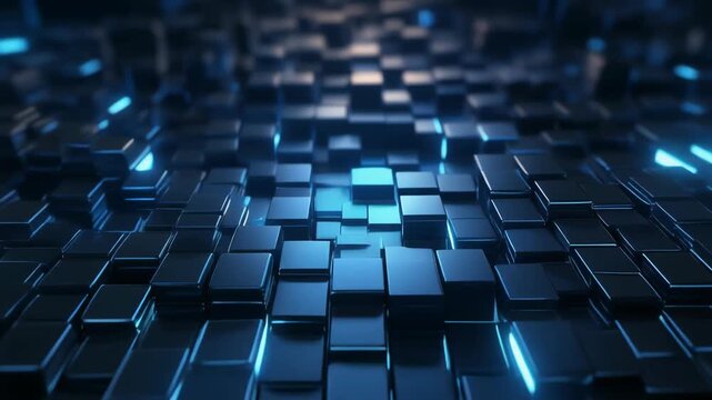 Glowing blue data chips drift then stack neatly in a futuristic digital pattern