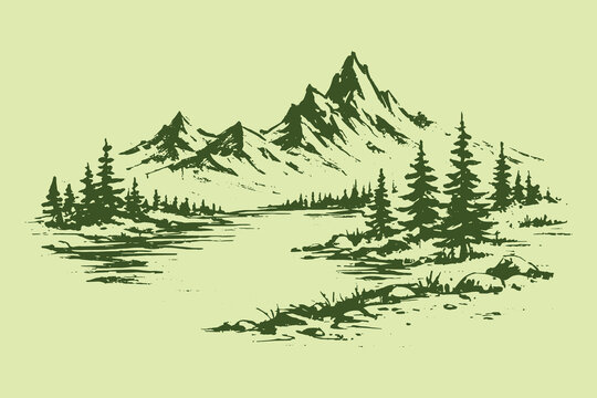 Mountain river landscape vintage engraving style vector illustration