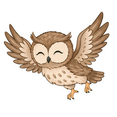 Wise cartoon owl illustration on a branch with a wild brown feather design
