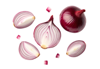 Red onion whole and sliced halves showing purple layers with small pieces scattered around, isolated on a transparent background