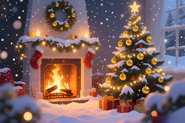 Cozy Christmas Interior with Sparkling Tree, Roaring Fireplace, and Indoor Snow