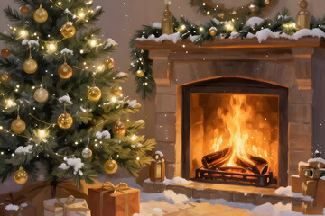 Cozy Christmas Interior with Sparkling Tree, Roaring Fireplace, and Indoor Snow
