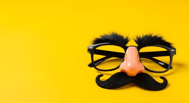 Playful disguised glasses and a fake nose with mustache on a yellow background, perfect for an April Fool's Day prank concept