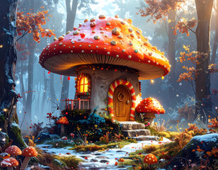 Whimsical Gingerbread Mushroom House in Enchanted Forest Landscape