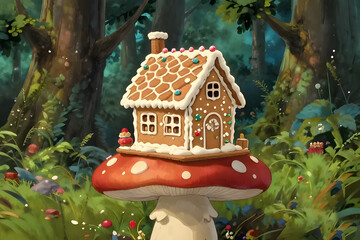 Whimsical Gingerbread Mushroom House in Enchanted Forest Landscape