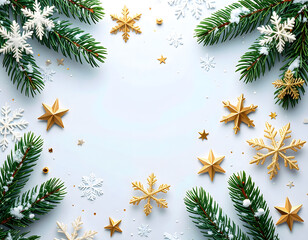 Minimalist Christmas Holiday Background with Pine Branches and Golden Stars