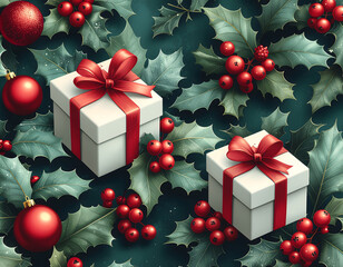 Seamless Christmas Holiday Pattern with Holly Leaves, Berries, and Gift Boxes