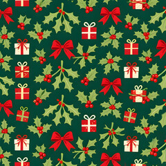 Seamless Christmas Holiday Pattern with Holly Leaves, Berries, and Gift Boxes