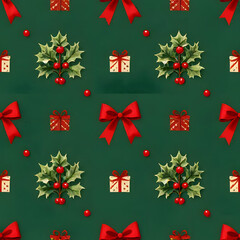 Seamless Christmas Holiday Pattern with Holly Leaves, Berries, and Gift Boxes