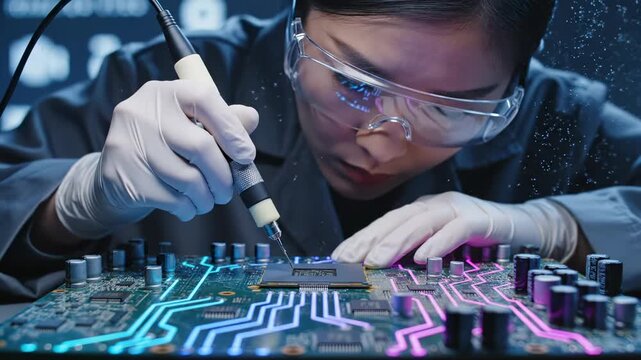 Woman technician solders microchip on circuit board in laboratory. Technician performs precision soldering repair on circuit board. Specialist uses soldering iron on futuristic circuit board with ligh
