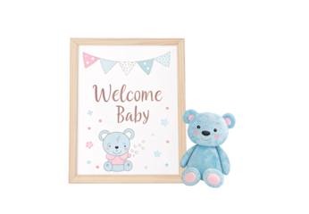 Wooden framed Welcome Baby sign with teddy bear illustration and blue plush bear toy display, isolated on a transparent background