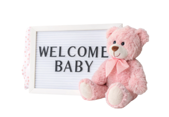 Welcome Baby sign with pink teddy bear and polka dot ribbon, isolated on a transparent background
