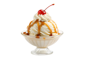 Vanilla ice cream sundae with caramel drizzle whipped cream cherry, isolated on a transparent background