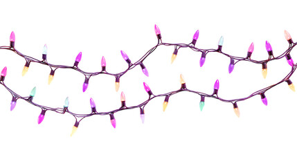 Colorful Christmas lights strung together festive decoration for holidays and celebrations isolated on white background.