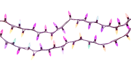 Colorful Christmas lights strung together festive decoration for holidays and celebrations isolated on white background.