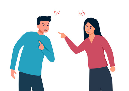 Arguing couple character in flat design on white background. Man and woman yelling at each other.