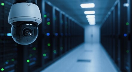 Security surveillance camera in modern data center. CCTV system monitoring server room for data protection and cybersecurity concept