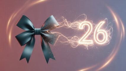 Elegant ribbon bow dissolving as glowing 2026 emerges