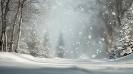 Ai snow falls gently on a winter scene with fir-trees and a snowy path in a blurred forest setting during the daytime