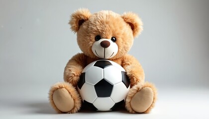 Obraz premium Cute brown teddy bear sits holding black, white soccer ball. Plush toy isolated on clean white background. Represents childhood, sports, children games, gift for football fans. Perfect for kids.