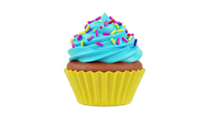 Delicious Cupcake with Blue Frosting and Sprinkles on White Background