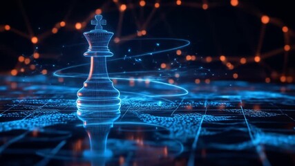 Glowing blue wireframe chess king on a digital map, surrounded by light trails - Powered by Adobe